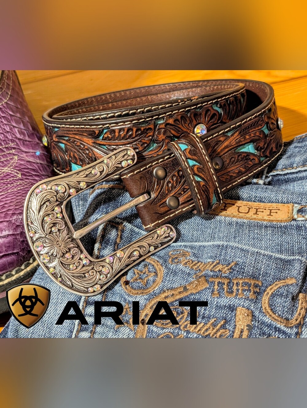 Ariat Jocelyn Genuine Tooled Brown and Turquoise Leather Belt With Bling Buckle